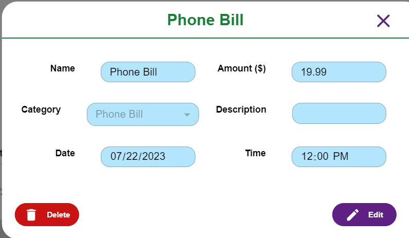 Form to enter expense